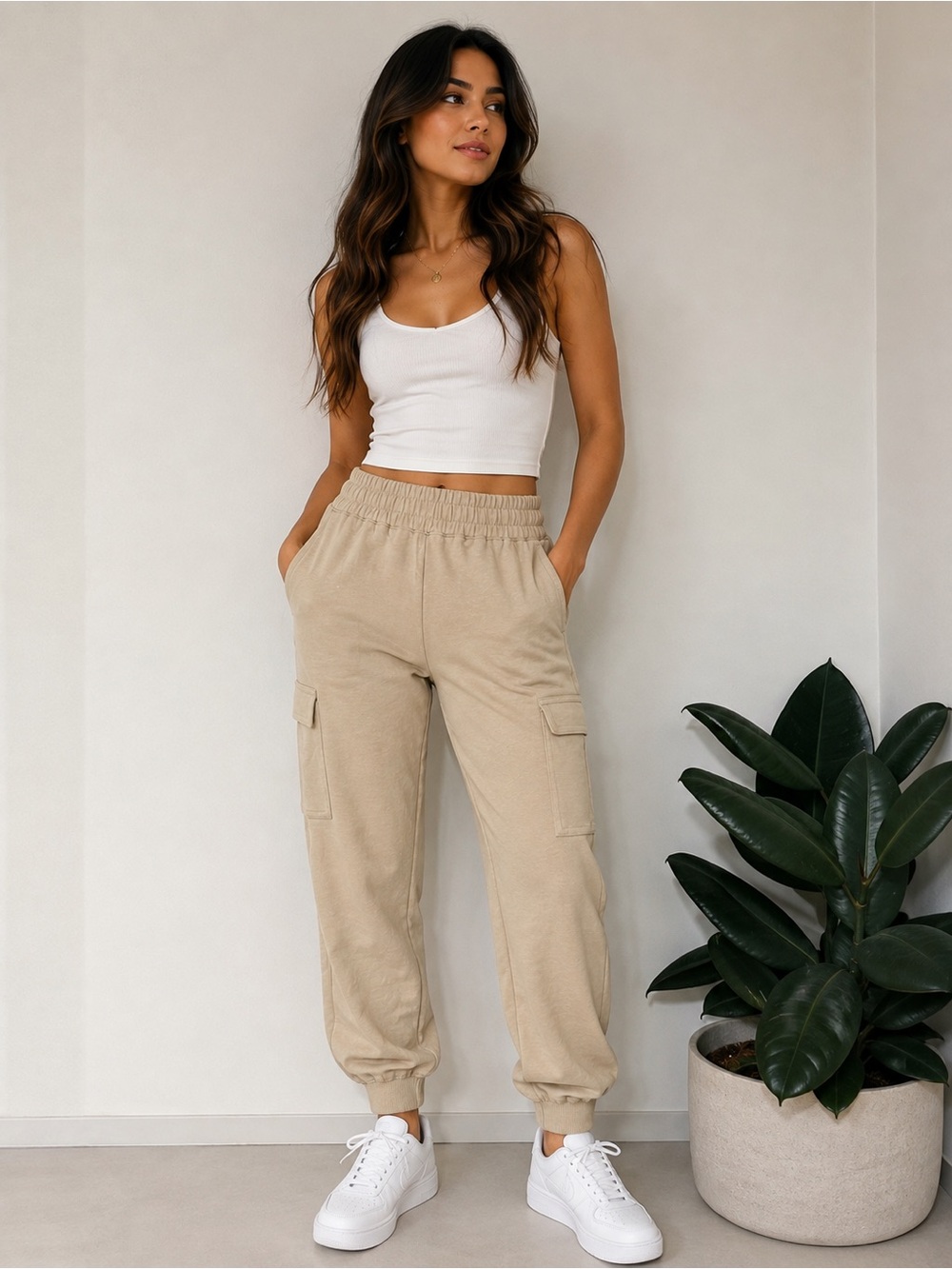 Ruby Ribbon Beige Cargo Jogger Pants Women’s Medium Stretch Lounge Utility